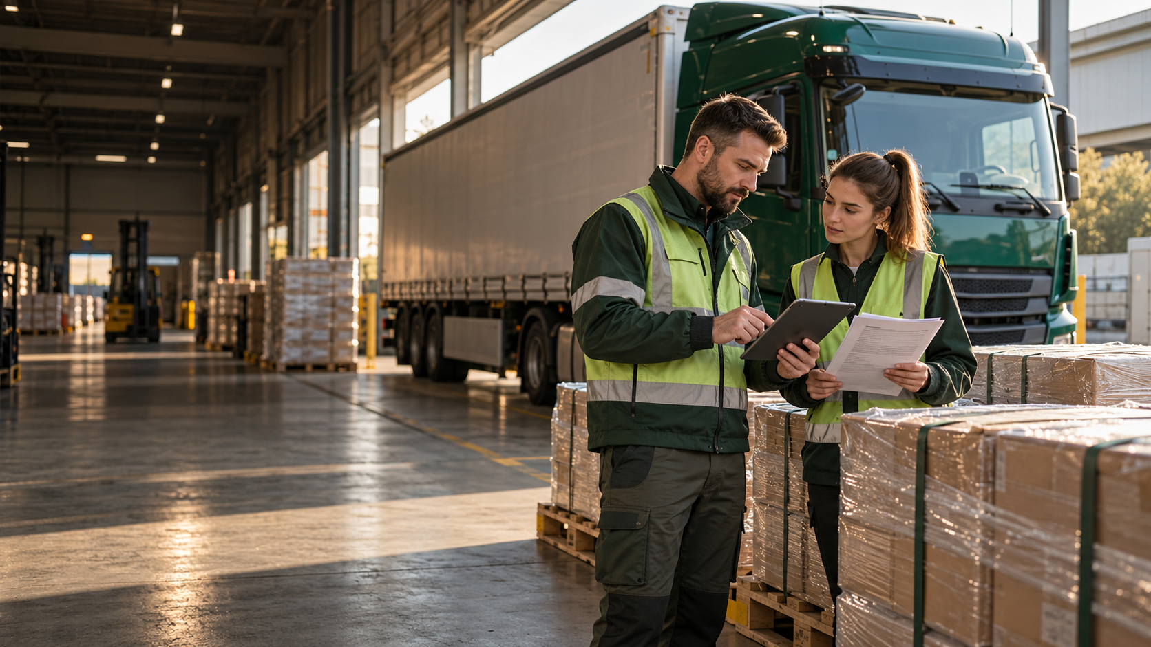AI-created illustrative scene of logistics professionals preparing palletized cargo